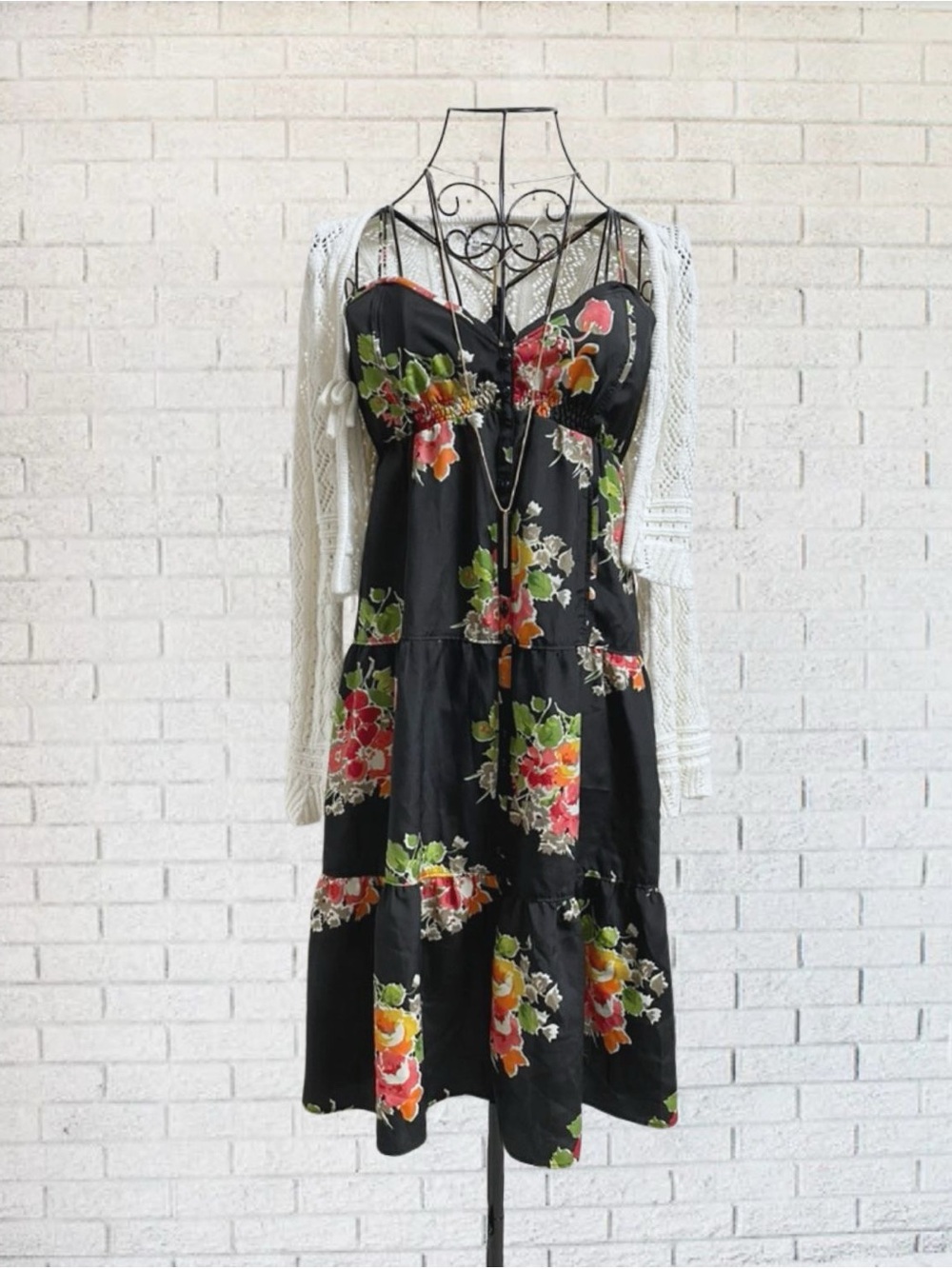 Floral Halter Midi Summer Dress Black American Eagle Outfitters Size 2 Two Boho